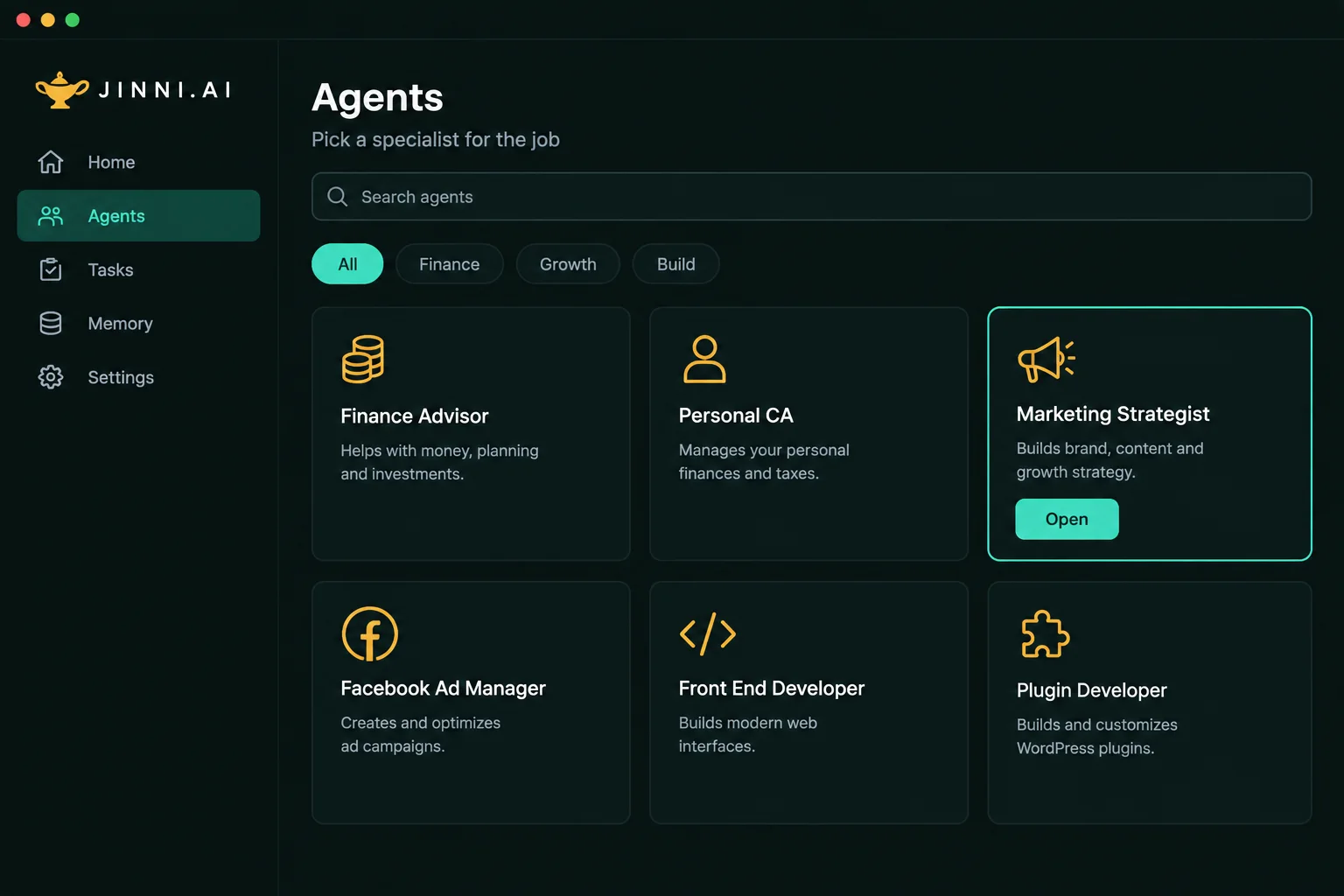 Jinni.ai agents library with specialists for finance, marketing, Facebook ads and development