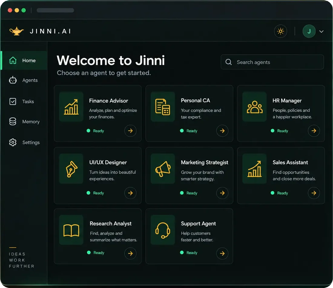 Jinni.ai home screen listing ready agents for finance, compliance, HR, design, marketing, sales, research, and support