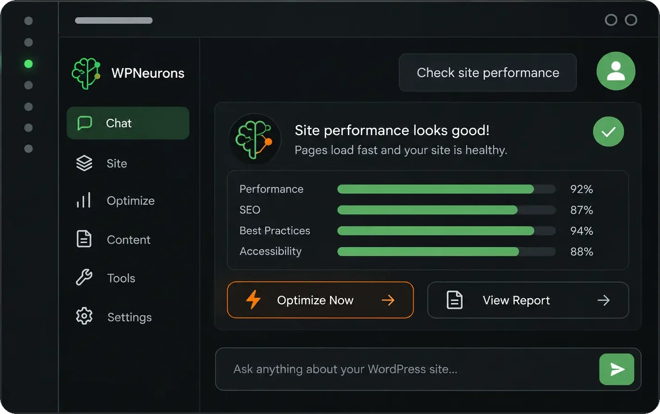 WPNeurons chat assistant reporting performance, SEO, and accessibility scores for a WordPress site
